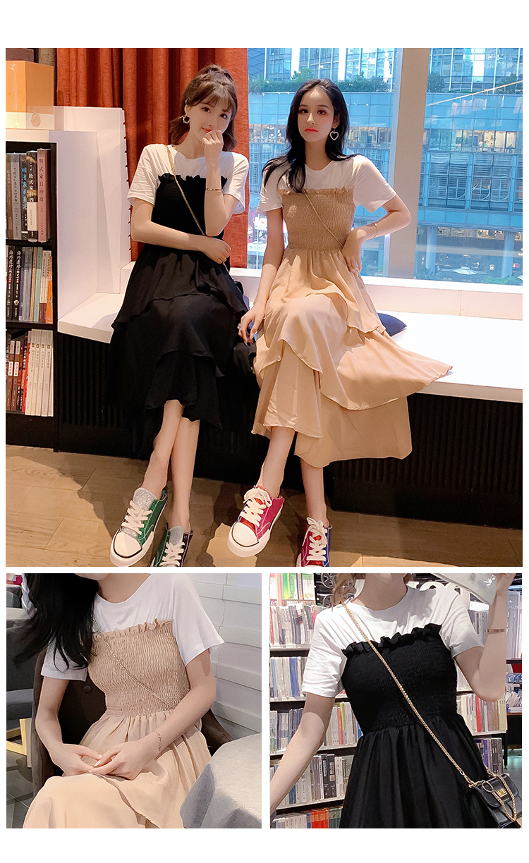 VK旗艦店 韓國學院風學生蛋糕裙休閒拼接短袖洋裝