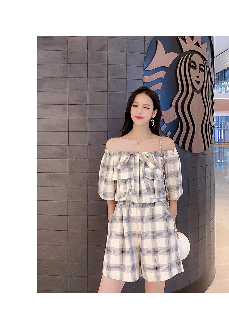 VK旗艦店 韓系格紋一字領短褲套裝短袖褲裝