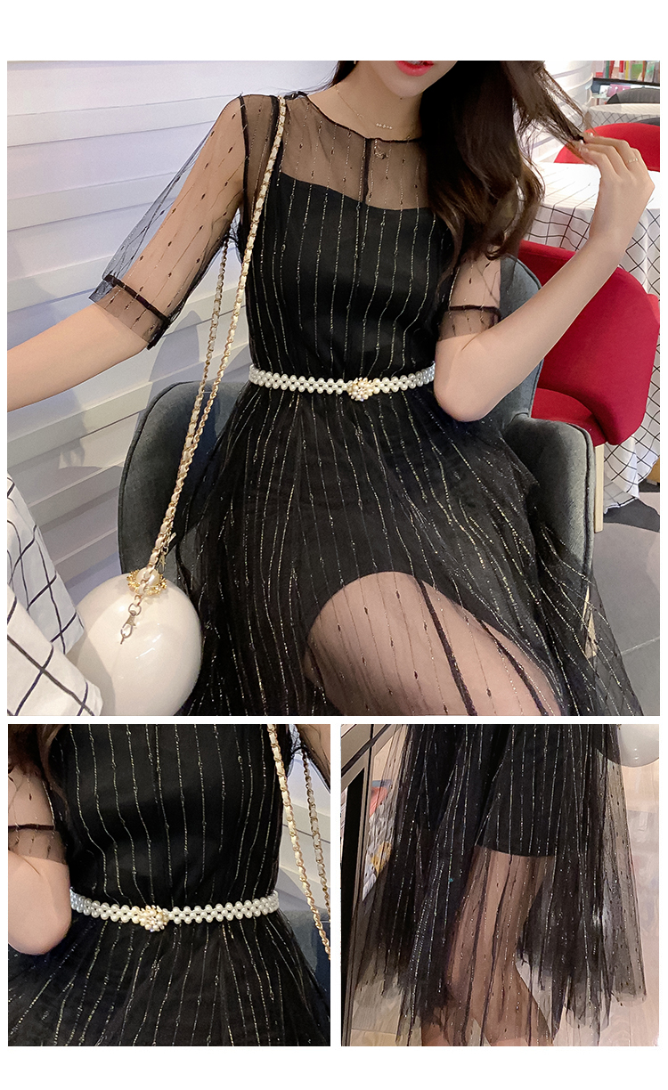 DABI 韓國風名媛淑女珍珠透視袖網紗套裝短袖裙裝 DABI 韓國風名媛淑女珍珠透視袖網紗套裝短袖裙裝