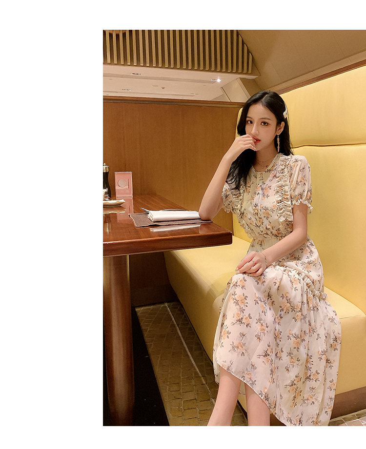 VK旗艦店 韓系淑女復古碎花拼接木耳邊短袖洋裝