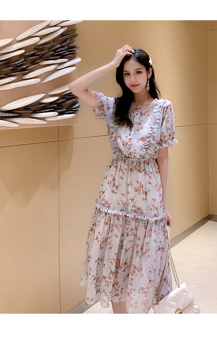 VK旗艦店 韓系淑女復古碎花拼接木耳邊短袖洋裝