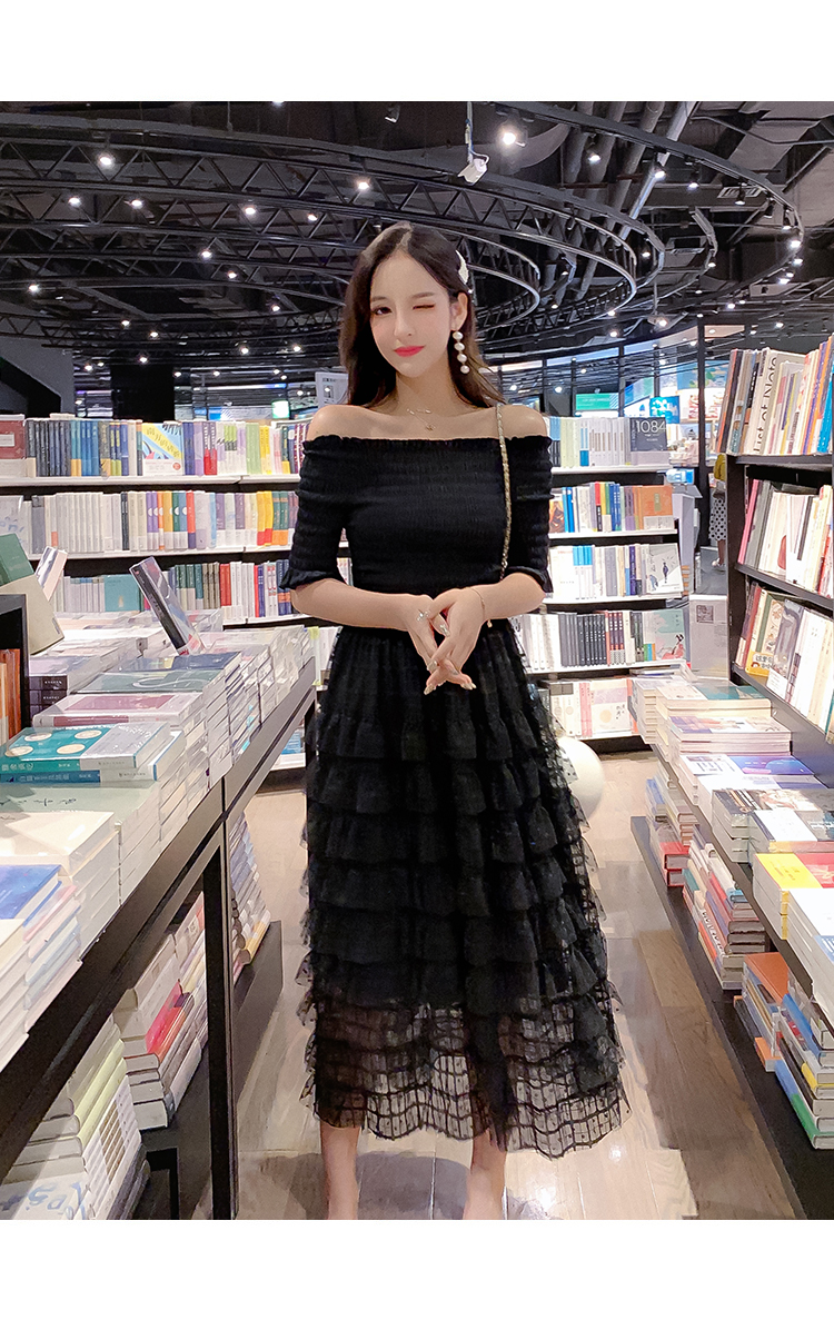 VK旗艦店 韓國風一字領淑女拼接蕾絲蛋糕裙短袖洋裝