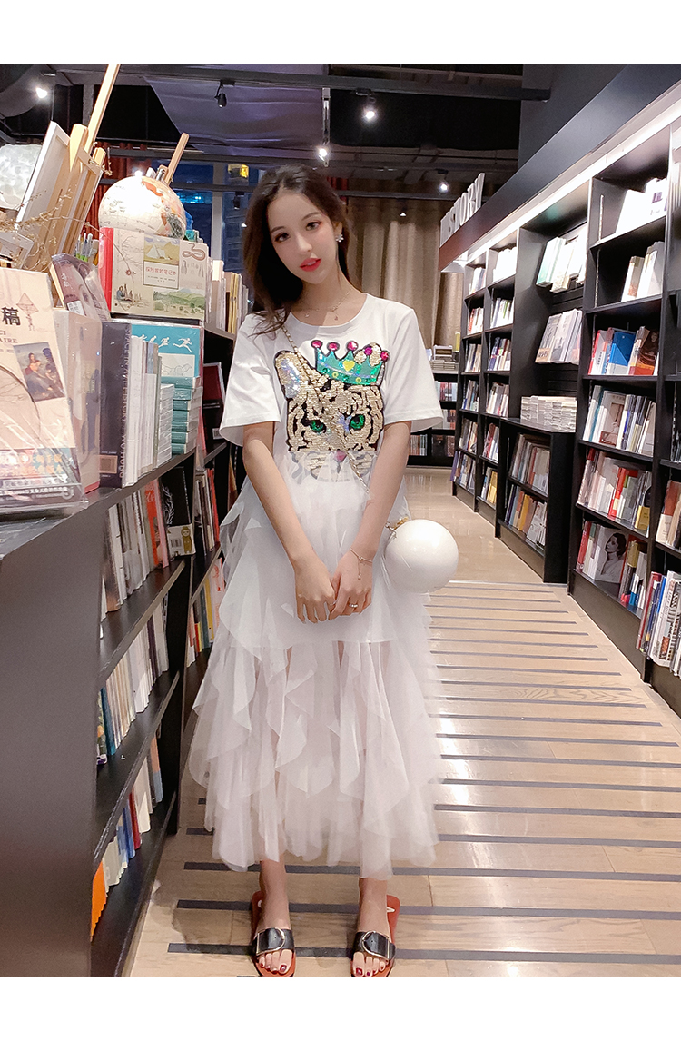 VK旗艦店 韓系學院風寬鬆亮片網紗短袖洋裝