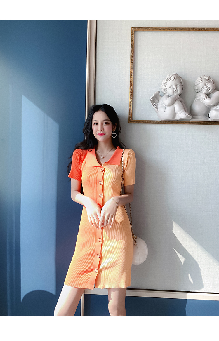 VK旗艦店 韓國風撞色POLO領單排扣針織短袖洋裝