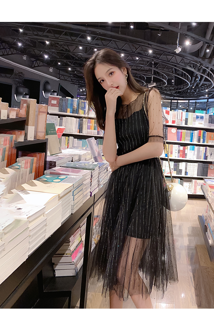 DABI 韓國風名媛淑女珍珠透視袖網紗套裝短袖裙裝 DABI 韓國風名媛淑女珍珠透視袖網紗套裝短袖裙裝