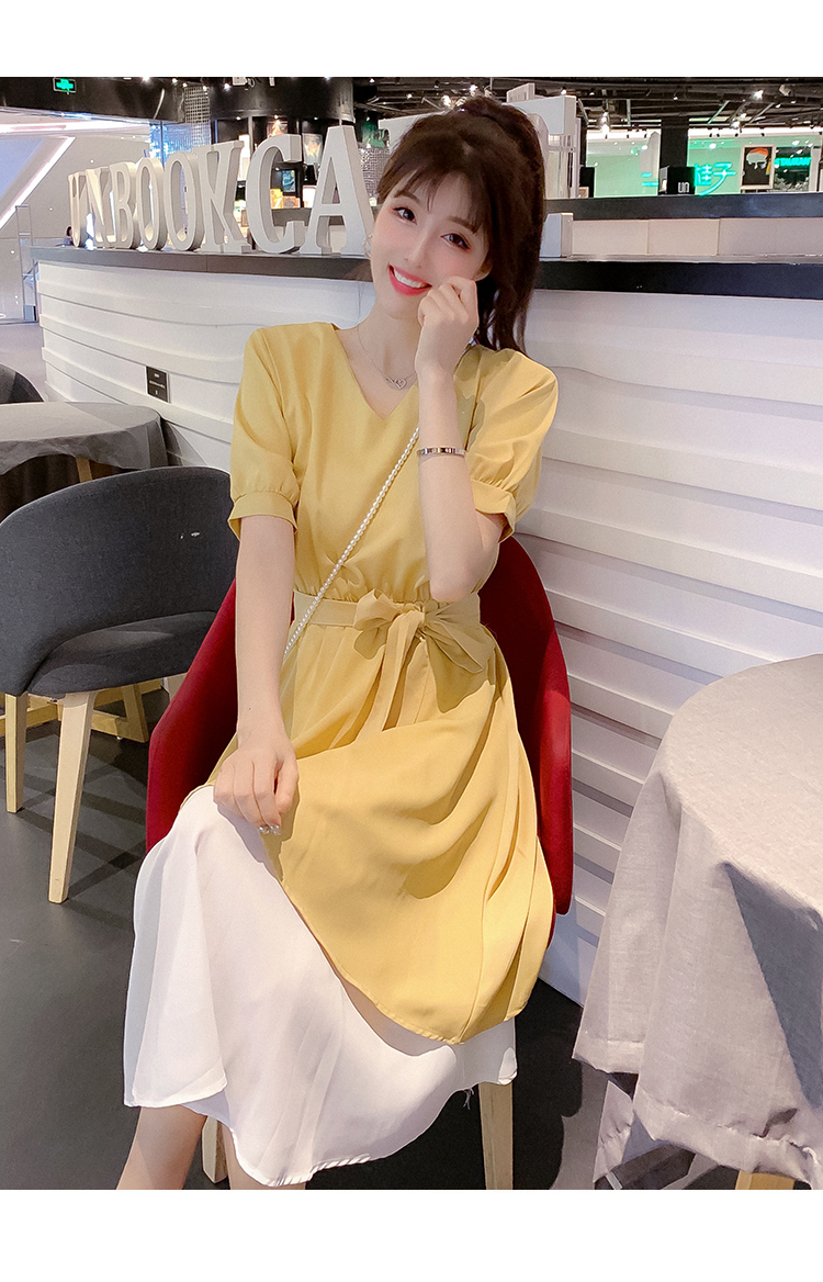 DABI 韓系V領綁帶收腰簡約撞色不規則短袖洋裝 DABI 韓系V領綁帶收腰簡約撞色不規則短袖洋裝
