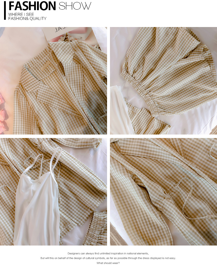 VK旗艦店 韓系休閒短褲條紋襯衫上衣吊帶顯瘦洋氣寬口褲套裝短袖褲裝