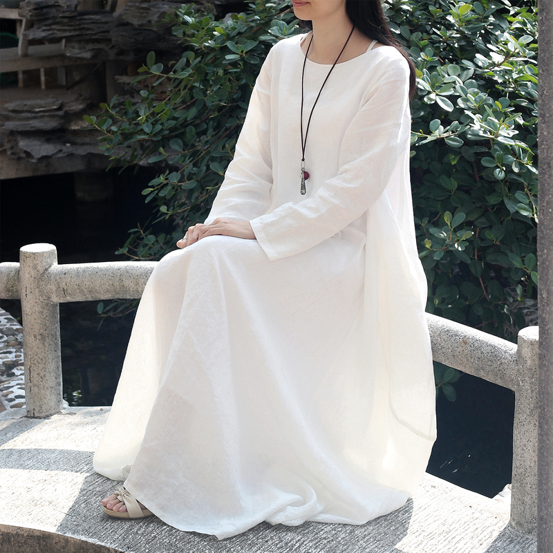 White Cotton and Linen Dress, Linen Long Dress, Loose Plus Size Mid-Length Long-Sleeved Ethnic Style Women's Travel Robe