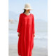 Long-sleeved red cotton and linen dress women's loose high waist large size linen dress mid-length retro travel art autumn