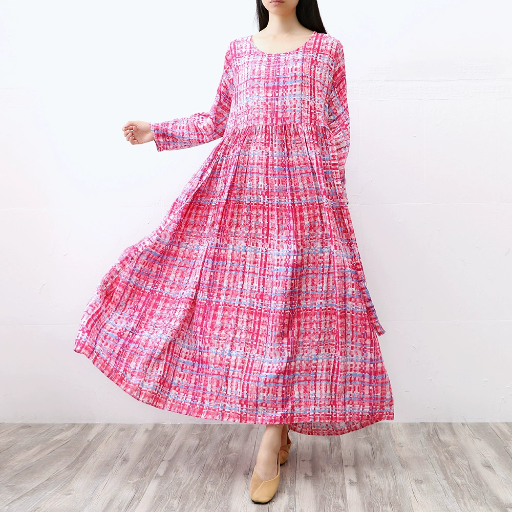 Mùa xuân và mùa thu in cotton dài tay và váy lanh của phụ nữ lỏng cộng với kích thước của phụ nữ váy lưng cao váy dài áo choàng dài mùa hè - Váy eo cao