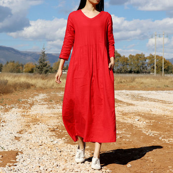 Long-sleeved red cotton and linen dress women's loose high waist large size linen dress mid-length retro travel art autumn