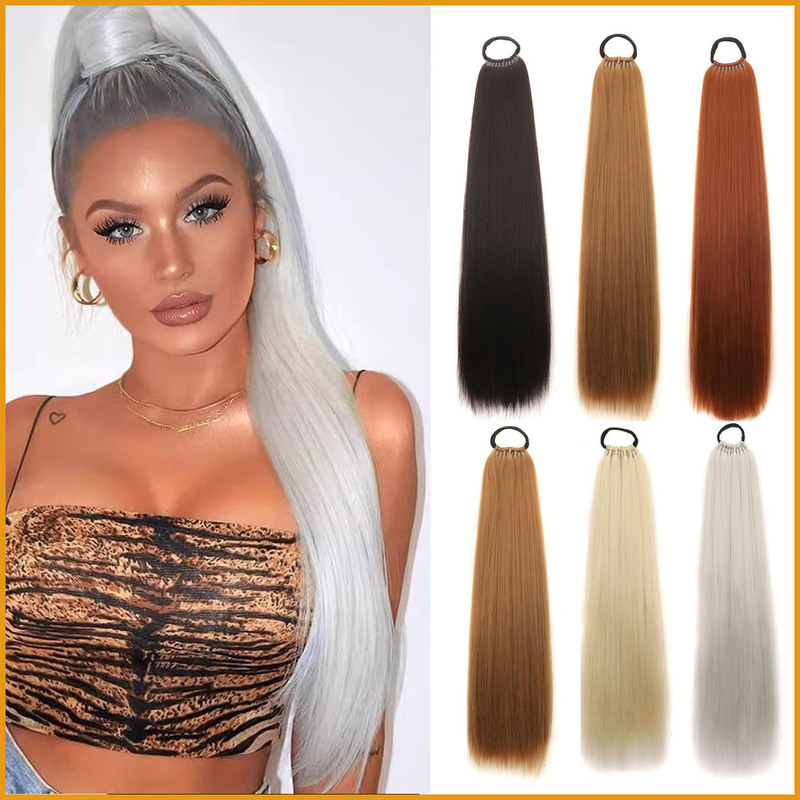 European and American Yaki Silk Wig for Women, Hair Ring, Small Braids, Long Straight Hair, Ponytail Wig, Braided High Ponytail