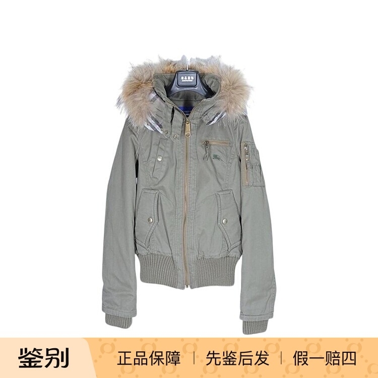 Burberry Blue Label Women's Olive Green Classic Raccoon Fur Collar Quilted Cotton Jacket It36 Burberry Blue Label Women's Olive Green Classic Raccoon Fur Collar Quilted Cotton Jacket It36