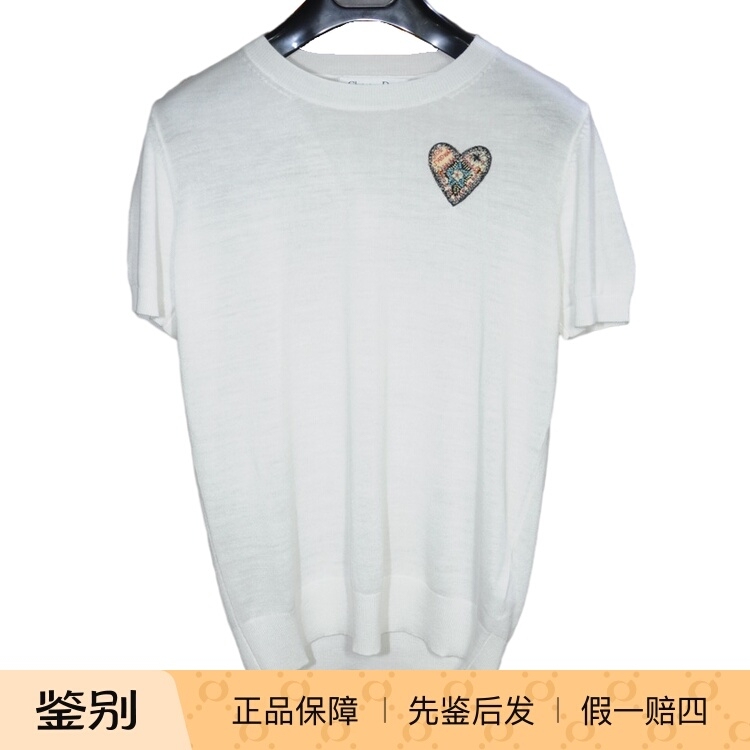 Christian Dior Cd Dior Women's White Silk Cashmere Short-Sleeved Beaded Sweater T-Shirt It38
