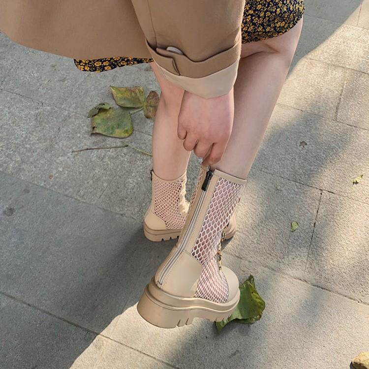 Martin boots summer thin female breathable leather mesh boots thick soles hollowed new red cool boots British wind