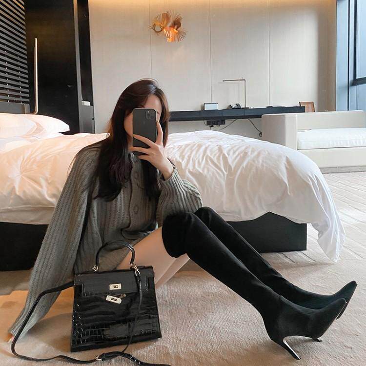 Leather over knee boots and high boots with pointed fashion elastic boots in autumn and winter 2023