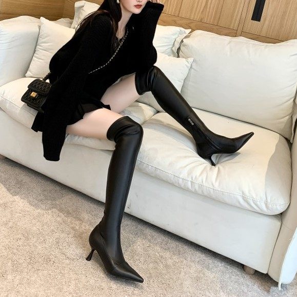 Leather over the knee boots women's elastic stovepipe boots pointed toe thin boots 2020 autumn and winter boots high-heeled knight boots trendy