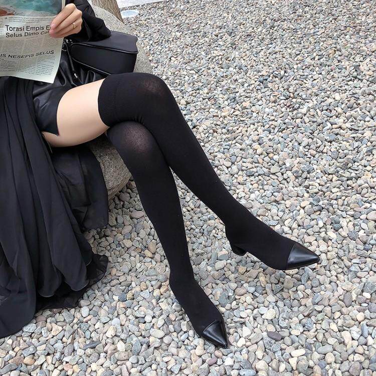 Red - sock boots tip leather over knee boots in 2023 spring - fall elastic thin knit socks boots