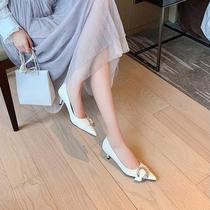 2022 spring new single shoe woman genuine leather shallow mouth pointed high heel shoe design feeling small and fragrant wind dines
