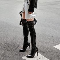 Net Red Long Boot Bright Face Lacquered Leather Over Knee Boots Pointed Spring Autumn Style Sexy Extra-long Dancing Thighs Boots Wrap Legs Fine Heel Tide