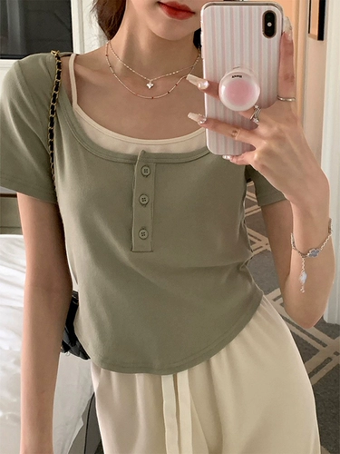 Комплект, весенняя летняя футболка, эффект подтяжки, в корейском стиле