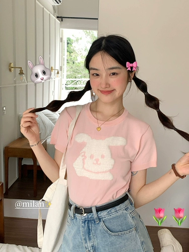 Плюшевый трикотажный летний короткий дизайнерский кролик, короткий рукав, 2023, в корейском стиле, тренд сезона