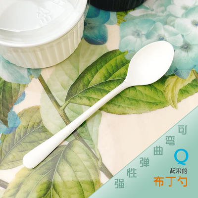 Bendable pudding spoon, folding curved spoon, PS material, 12.1*2.4cm, white, individual plastic packaging