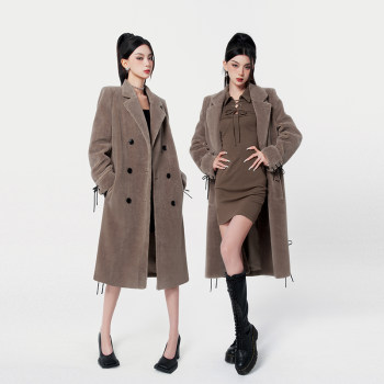 VOCK 摩卡棕 美拉德辣妹保暖廓形感羊羔毛绒皮系带中长款大衣外套