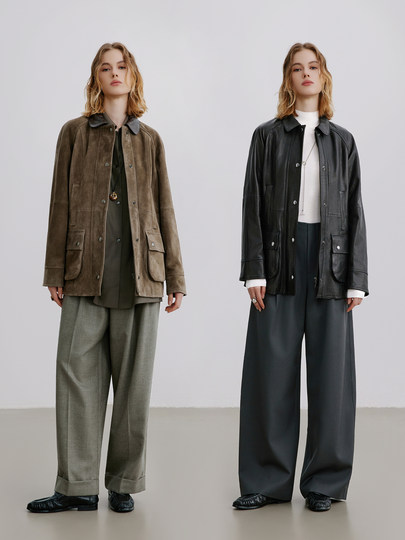 London impression retro Barn style North African imported sheepskin anti-suede leather jacket women's lapel mid-length autumn new style