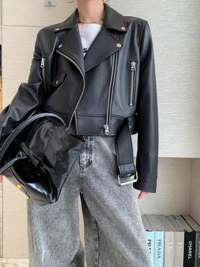 Fashionable and sophisticated bi lip waist-length 2025 autumn ultra-short leather jacket women's motorcycle jacket new trendy genuine leather loose jacket