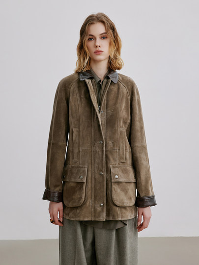 London impression retro Barn style North African imported sheepskin anti-suede leather jacket women's lapel mid-length autumn new style