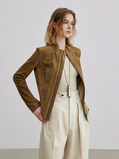 Yufeng Yoga Spanish imported lambskin anti-suede simple slim-fit stand-up collar leather short jacket