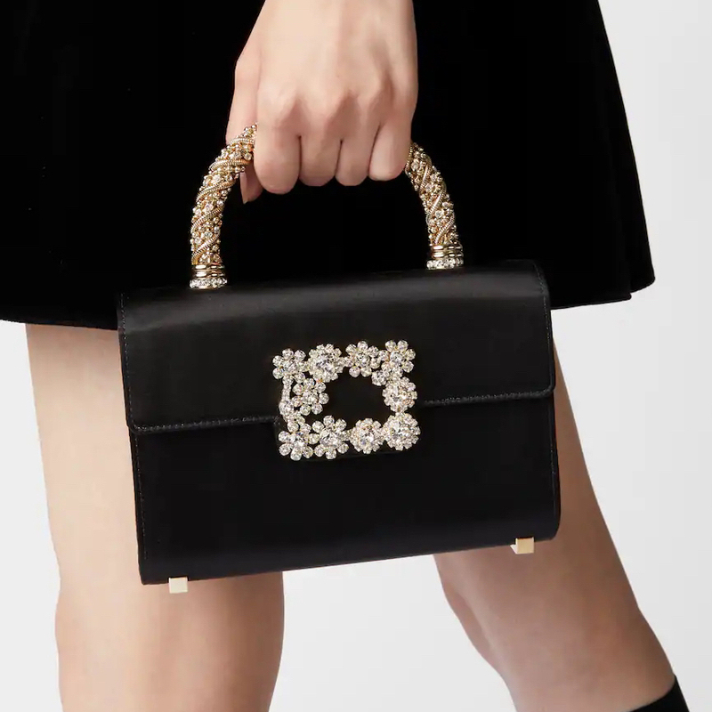 Hand-Held Diamond-Encrusted Floral Buckle Silk Flap Small Bag, Exquisite Fashion Evening Rv Clutch, Shoulder Bag, Crossbody Chain Underarm Bag