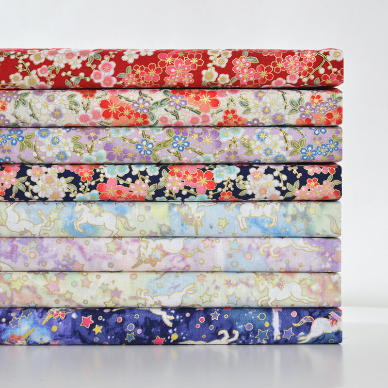 Pure cotton plain weave bronzing printing smudge dyeing cloth clothing bag DIY handmade cotton fabric unicorn and flower