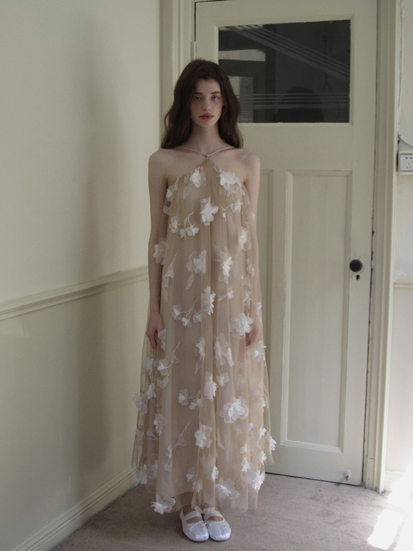 Cariedo Heartbeat Signal Same Style Apricot Rose Birthday Dress with 3D Embroidery, Lazy Holiday Dress