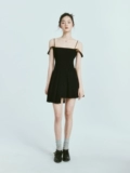 [FUSSED 23SS black dress  纯黑羊毛混纺不对称百褶双肩带吊带裙]