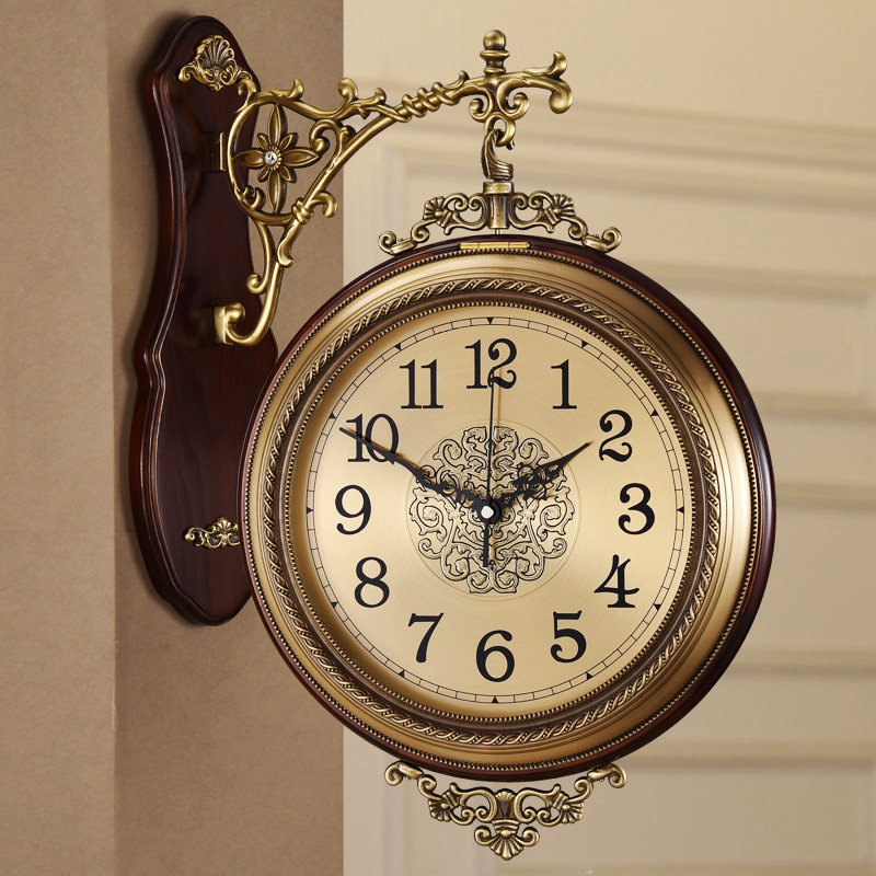 Brass European-style wall clock double-sided clock living room fashion clock creative solid wood decorative art wall hanging mute wall watch