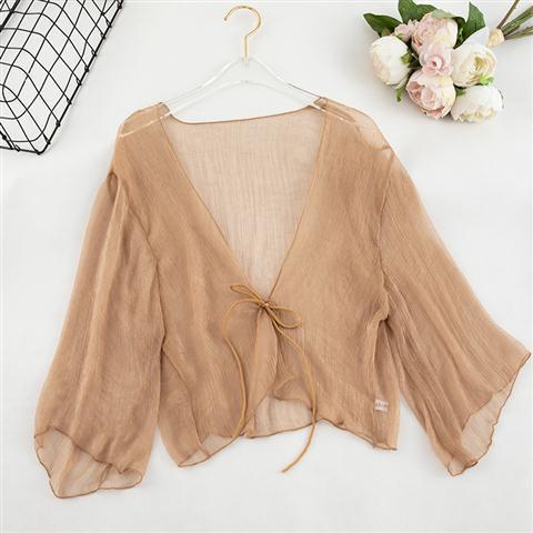 phụ nữ chống nắng năm 2020 với sling váy của chiffon ngắn nhỏ bên ngoài mặc mùa hè rắn tie màu với cardigan áo nhỏ mỏng