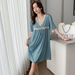 Nightgown for women summer short-sleeved thin ice silk pajamas for women Korean style sweet silk home wear women's imitation silk dress