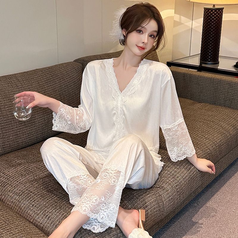 Sexy lace floral lace pyjamas sleepwear women's spring and autumn season long sleeves pure desire windy white tennis red summer home suit-Taobao