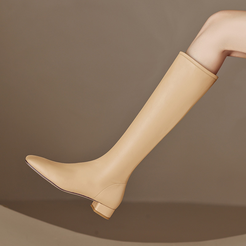 Genuine Leather Apricot-Colored Flat Long Boots for Women, Winter Fleece-Lined Low-Heeled New Square-Toe Riding Boots, High French-Style Mid-Calf Boots Genuine Leather Apricot-Colored Flat Long Boots for Women, Winter Fleece-Lined Low-Heeled New Square-Toe Riding Boots, High French-Style Mid-Calf Boots