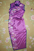 Splendid Jiao Yan hand push embroidery 40 m heavy weight silk satin pink purple embroidered Cheongsam custom