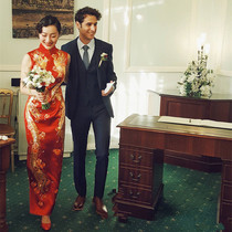 Heavy silk hand embroidered Cheongsam dress slim dress wedding cheongsam bride cheongsam