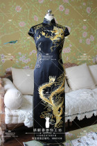  Dragon and phoenix colorful dragon and phoenix cheongsam embroidered cheongsam Spring and summer heavy silk cheongsam Pan gold embroidered long cheongsam