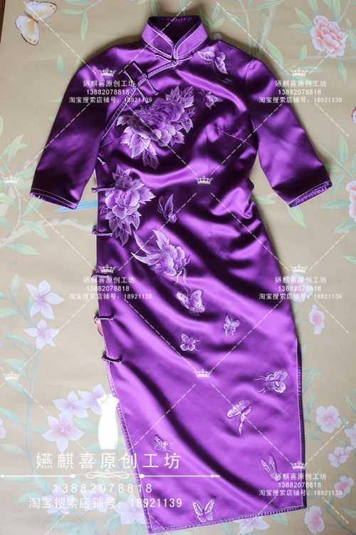 High-end hand-tailored purple heavy silk pure hand embroidery Chinese retro short cheongsam dress