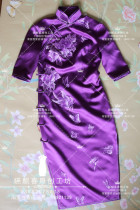 High-end handmade tailor-made purple heavy silk pure hand embroidered Chinese retro cheongsam dress
