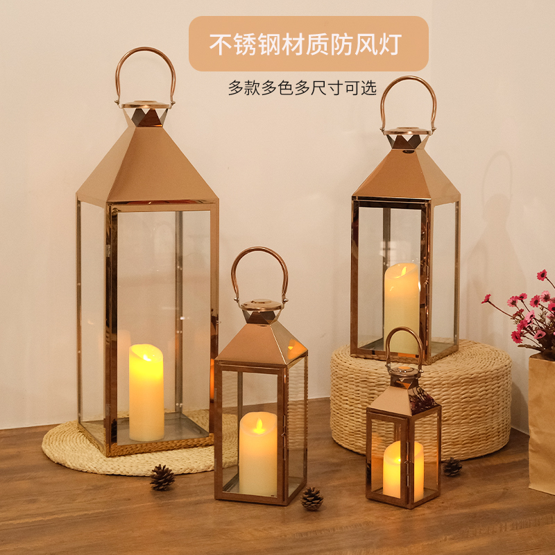 Windproof lamp stainless steel candle holder golden glass lantern candle windproof lamp outdoor light luxury ornaments silver decoration romantic