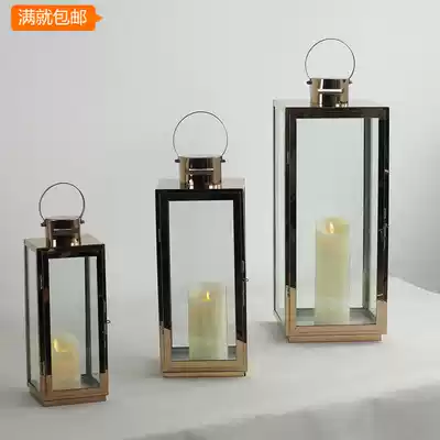 INS simple stainless steel candlestick Light luxury rose color windproof lamp Outdoor windproof lamp Model room decoration Wedding candlestick