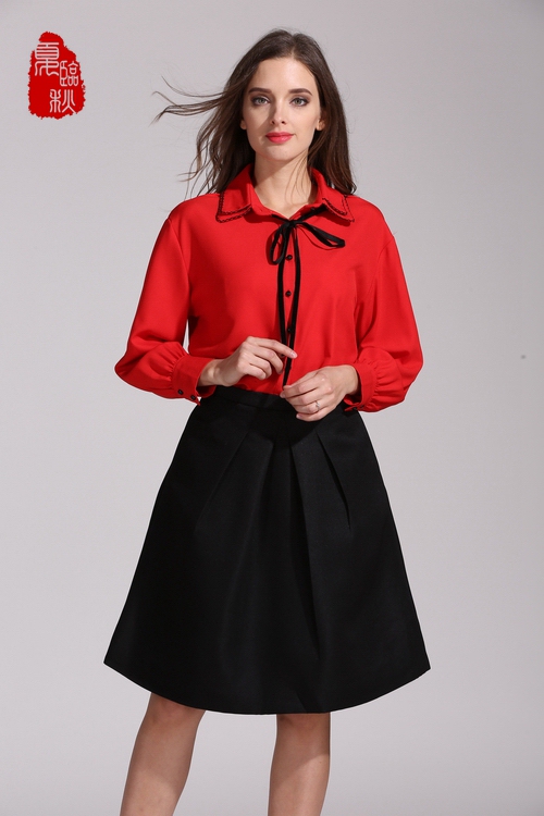 Red Tie Bow Versatile Lantern Long-Sleeve Shirt Top