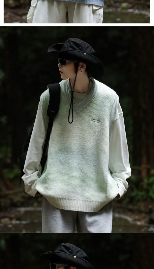 Gradient V-neck embroidered knitted pullover with vest sweater XZ307-MY2335-P55_voghion.com